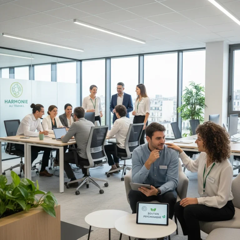 Employés français souriants et collaboratifs dans un bureau moderne, symbolisant le soutien à la santé mentale en entreprise.