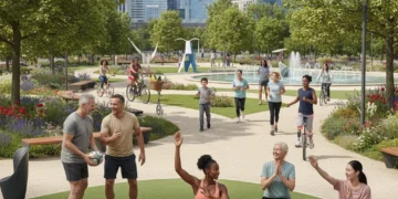 Groupe diversifié de Français faisant du sport en plein air dans un parc urbain moderne