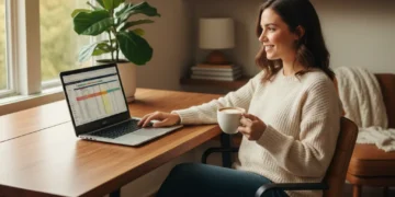 Une personne souriante travaillant depuis son bureau à domicile, symbolisant un équilibre vie pro-perso réussi en télétravail.