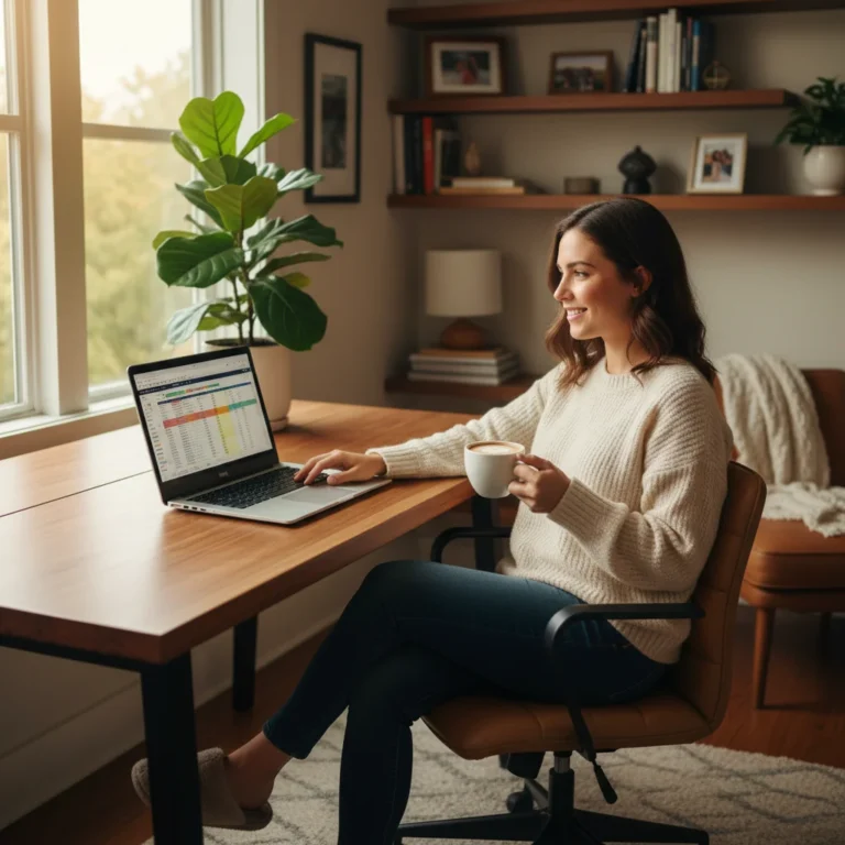 Une personne souriante travaillant depuis son bureau à domicile, symbolisant un équilibre vie pro-perso réussi en télétravail.