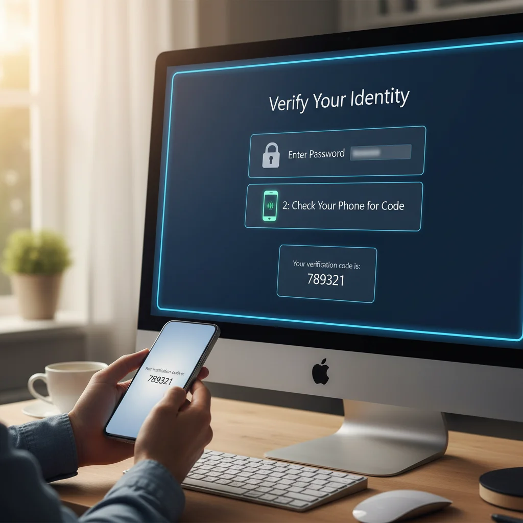 Écran d'ordinateur affichant une demande d'authentification multi-facteurs avec un smartphone recevant un code.