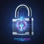 Illustration d'un cadenas numérique avec un circuit quantique en arrière-plan, symbolisant la cybersécurité post-quantique.