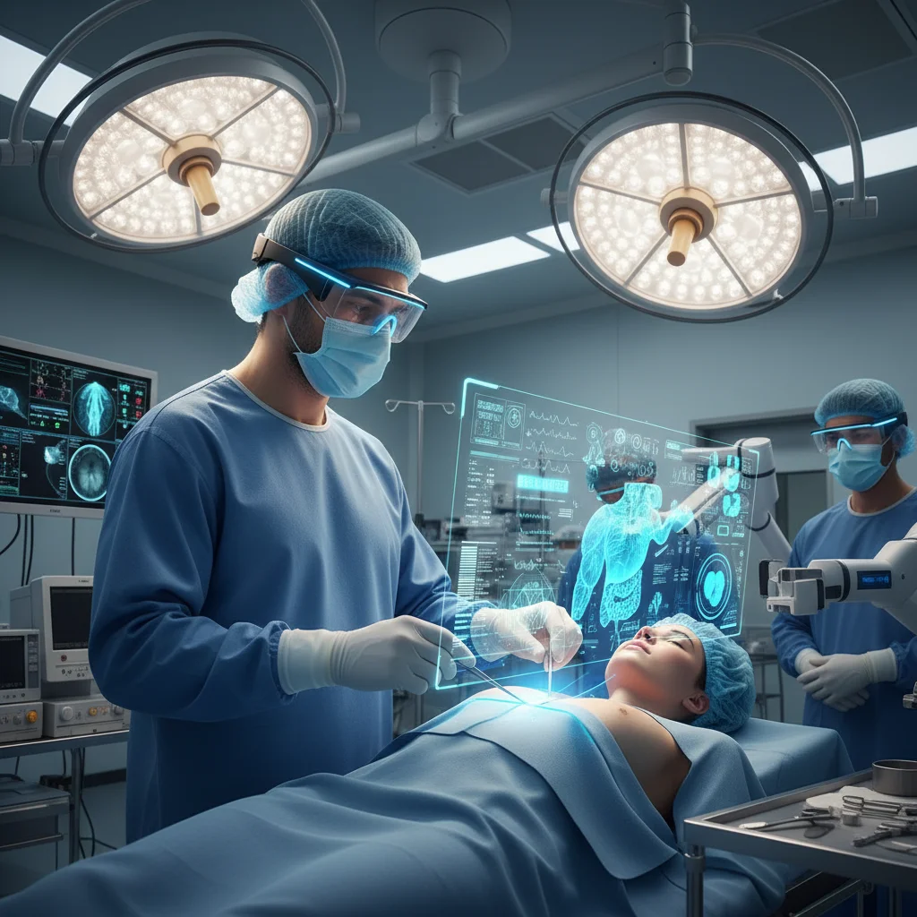 Chirurgien utilisant des lunettes de réalité augmentée pour une opération, affichant des données médicales en temps réel.