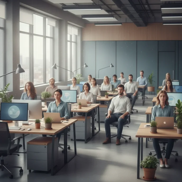 Employés pratiquant la pleine conscience au bureau, symbolisant le bien-être professionnel