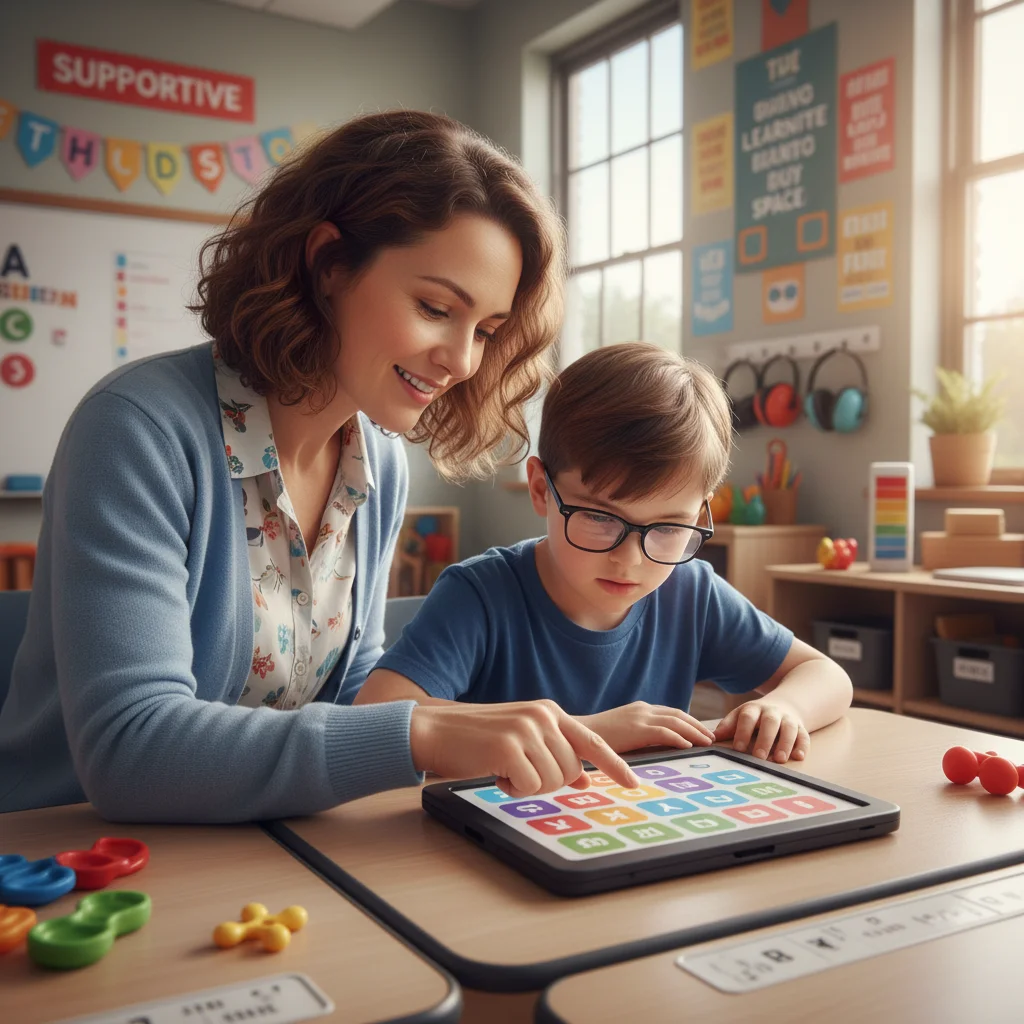 Enseignante aidant un élève handicapé avec une tablette adaptative dans une salle de classe équipée.
