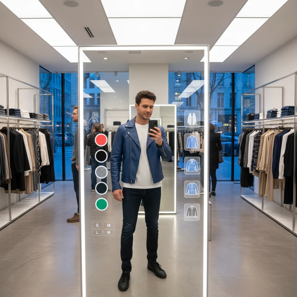 Consommateur essayant virtuellement des vêtements en magasin grâce à la réalité augmentée.