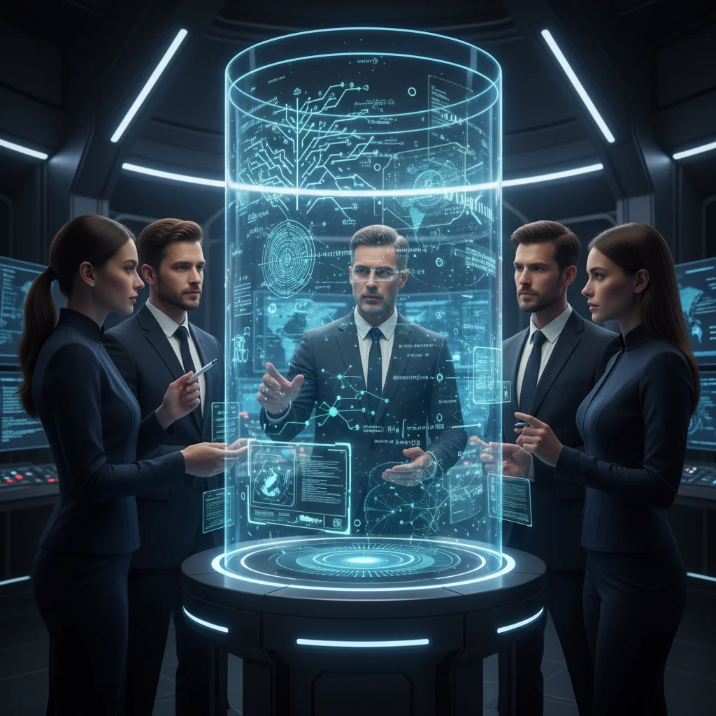 Experts en cybersécurité analysant des algorithmes cryptographiques post-quantiques sur un écran holographique.