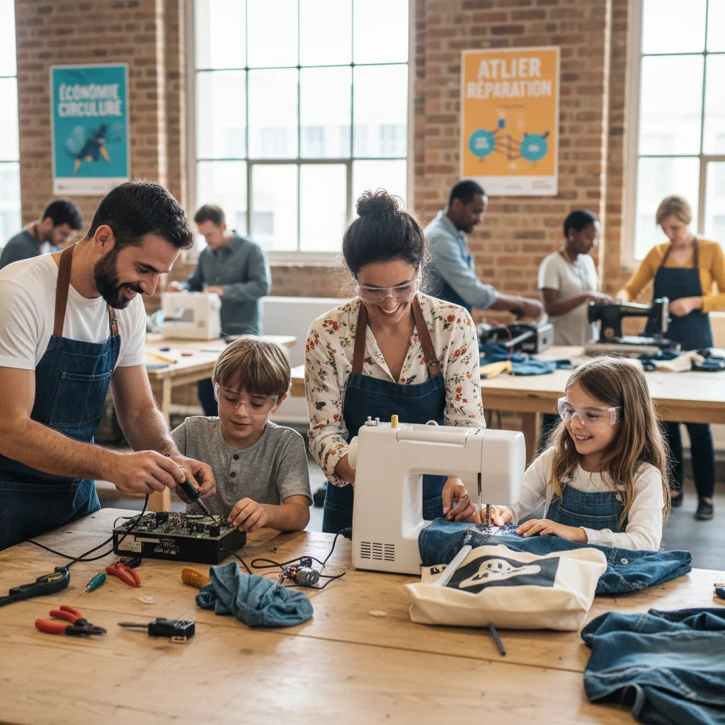 Famille participant à un atelier de réparation et d'upcycling, illustrant l'économie circulaire et la durabilité en France.