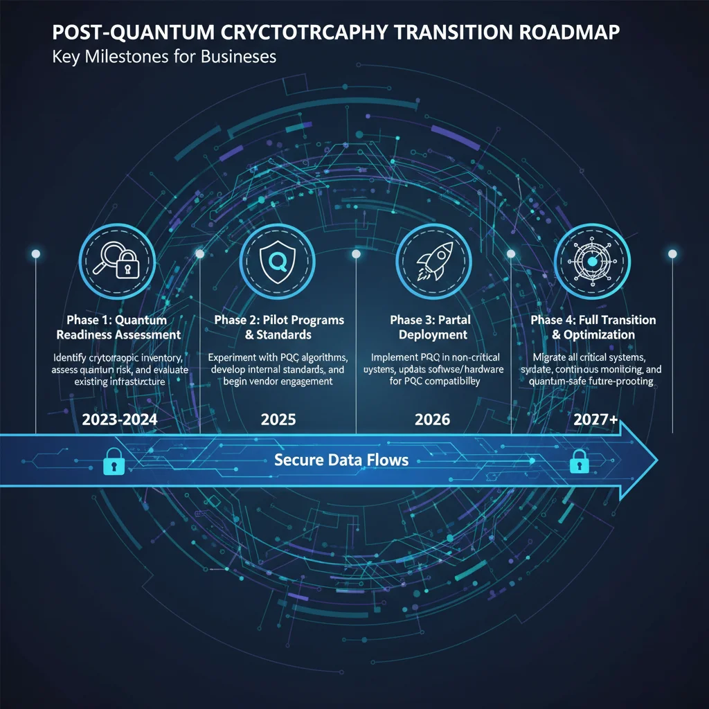 Infographie présentant une feuille de route pour la transition vers la cryptographie post-quantique pour les entreprises.