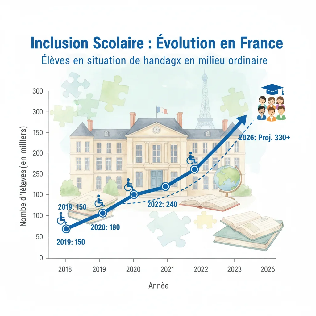 Graphique illustrant l'évolution et la projection du nombre d'élèves handicapés intégrés en milieu scolaire ordinaire en France jusqu'en 2026.