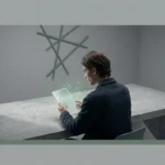 Figure plongée dans une tablette, son visage éclairé par des données fragmentées et des motifs géométriques verts, symbolisant l'architecture invisible de la culture numérique sur les habitudes modernes, dans un cadre minimaliste et contemporain.