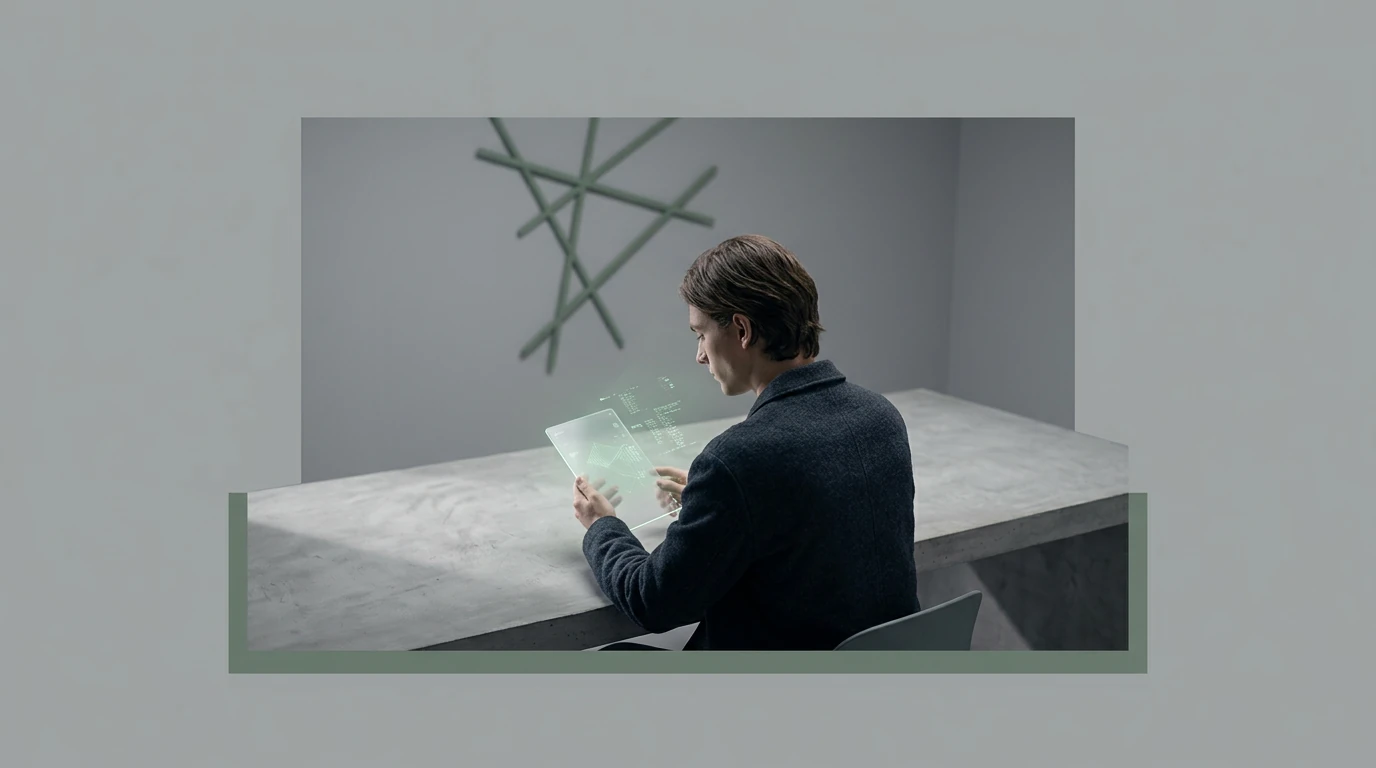 Figure plongée dans une tablette, son visage éclairé par des données fragmentées et des motifs géométriques verts, symbolisant l'architecture invisible de la culture numérique sur les habitudes modernes, dans un cadre minimaliste et contemporain.