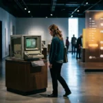 Une femme regarde un ancien terminal ARPANET dans une exposition, le vert lumineux du passé contrastant avec les écrans numériques modernes illustrant l'évolution de la culture numérique.