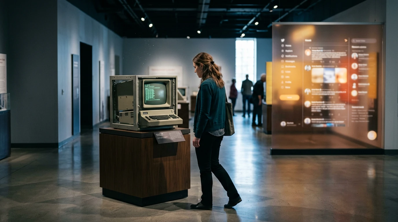 Une femme regarde un ancien terminal ARPANET dans une exposition, le vert lumineux du passé contrastant avec les écrans numériques modernes illustrant l'évolution de la culture numérique.