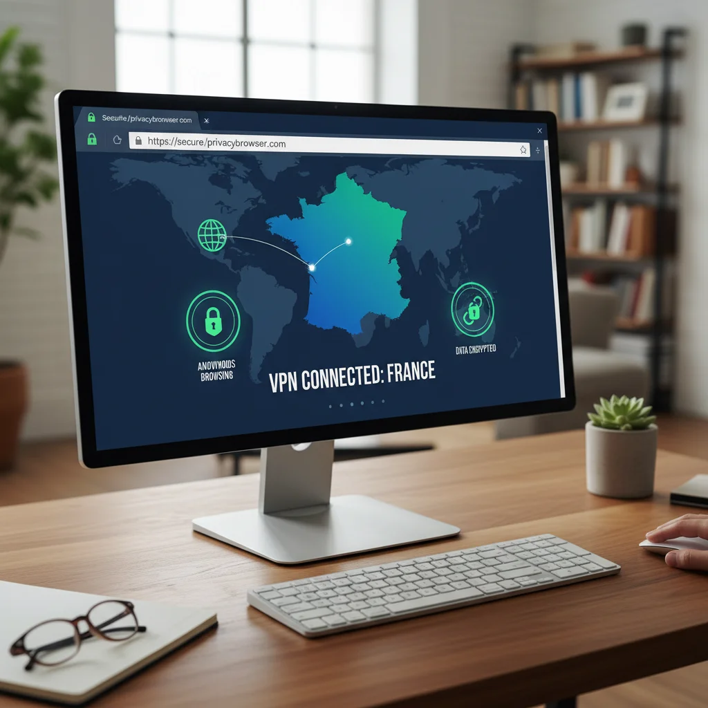 Interface de navigateur sécurisé avec VPN activé et carte de la France, illustrant la navigation anonyme.