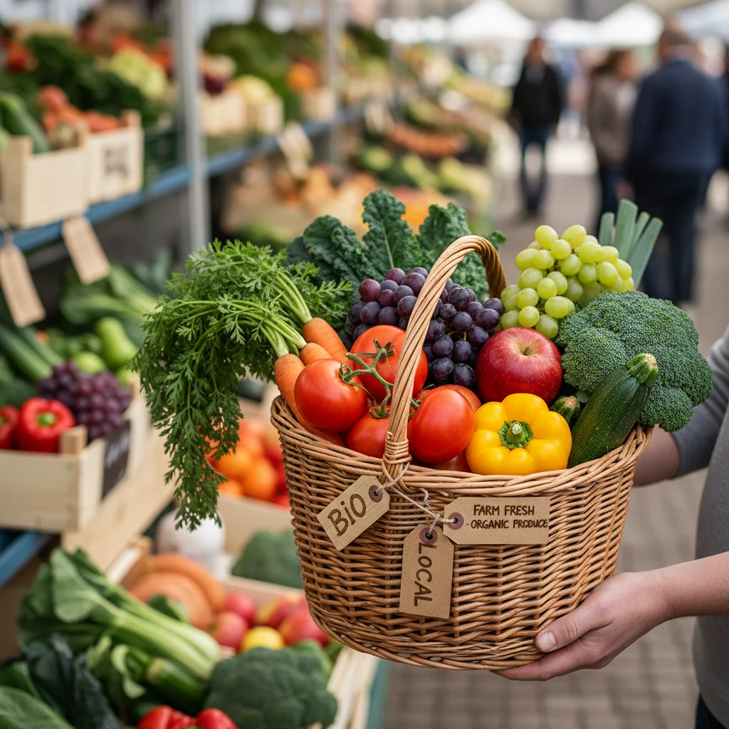 Panier rempli de légumes et fruits biologiques et locaux en France
