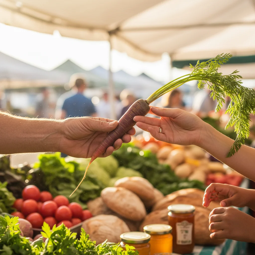 Mains échangeant des légumes bio et locaux, symbolisant l'achat direct producteur et la consommation responsable en France.