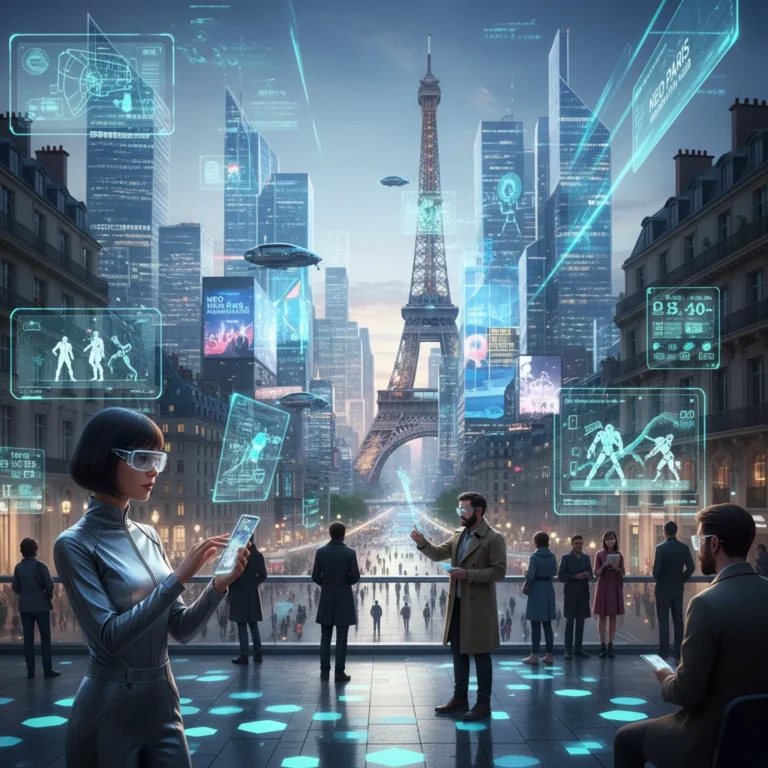 Scène futuriste de ville avec des superpositions de réalité augmentée interactives en France.